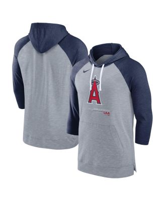 Nike - Men's Heather Gray/Heather Navy Los Angeles Angels Baseball Raglan 3/4-Sleeve Pullover Hoodie