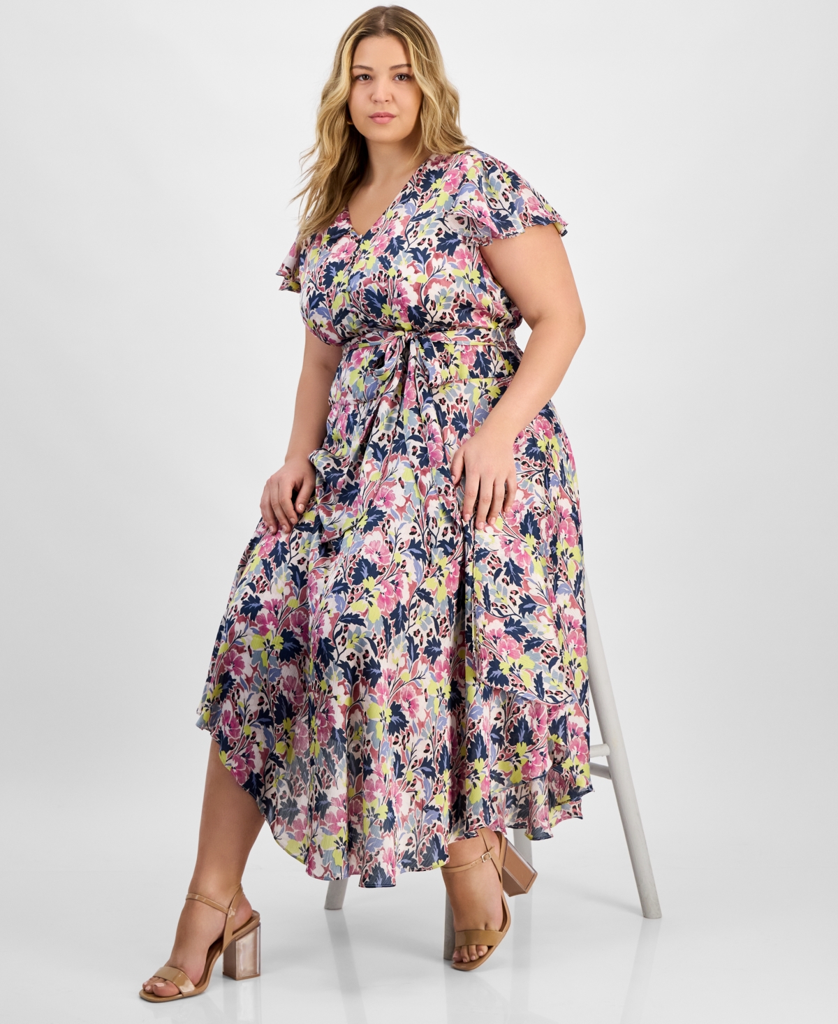 Vince Camuto Floral Flutter Sleeve Asymmetric Midi Dress In Violet Blush