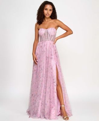 Juniors' Faux-Pearl Glitter Rhinestone Tulle Ball Gown, Created for Macy's