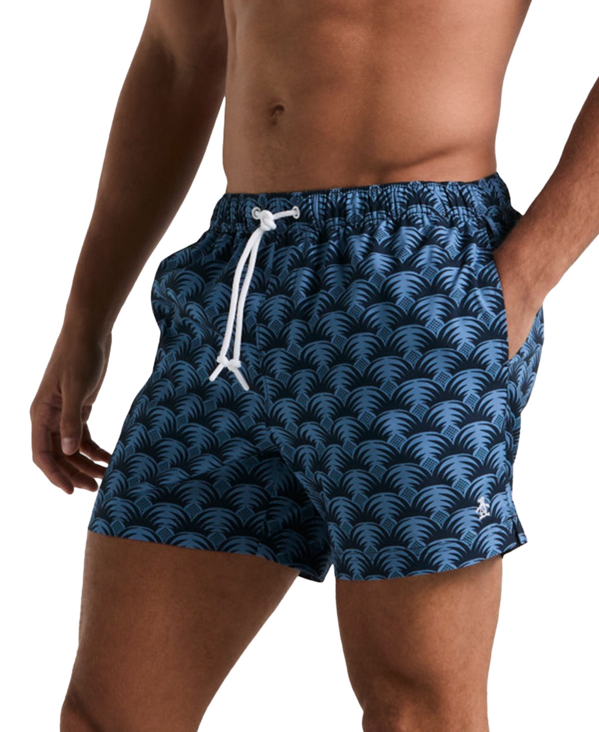 Original Penguin Men's Slim Fit Geo Palm Print Drawstring 5" Swim Trunks In Dark Sapphire