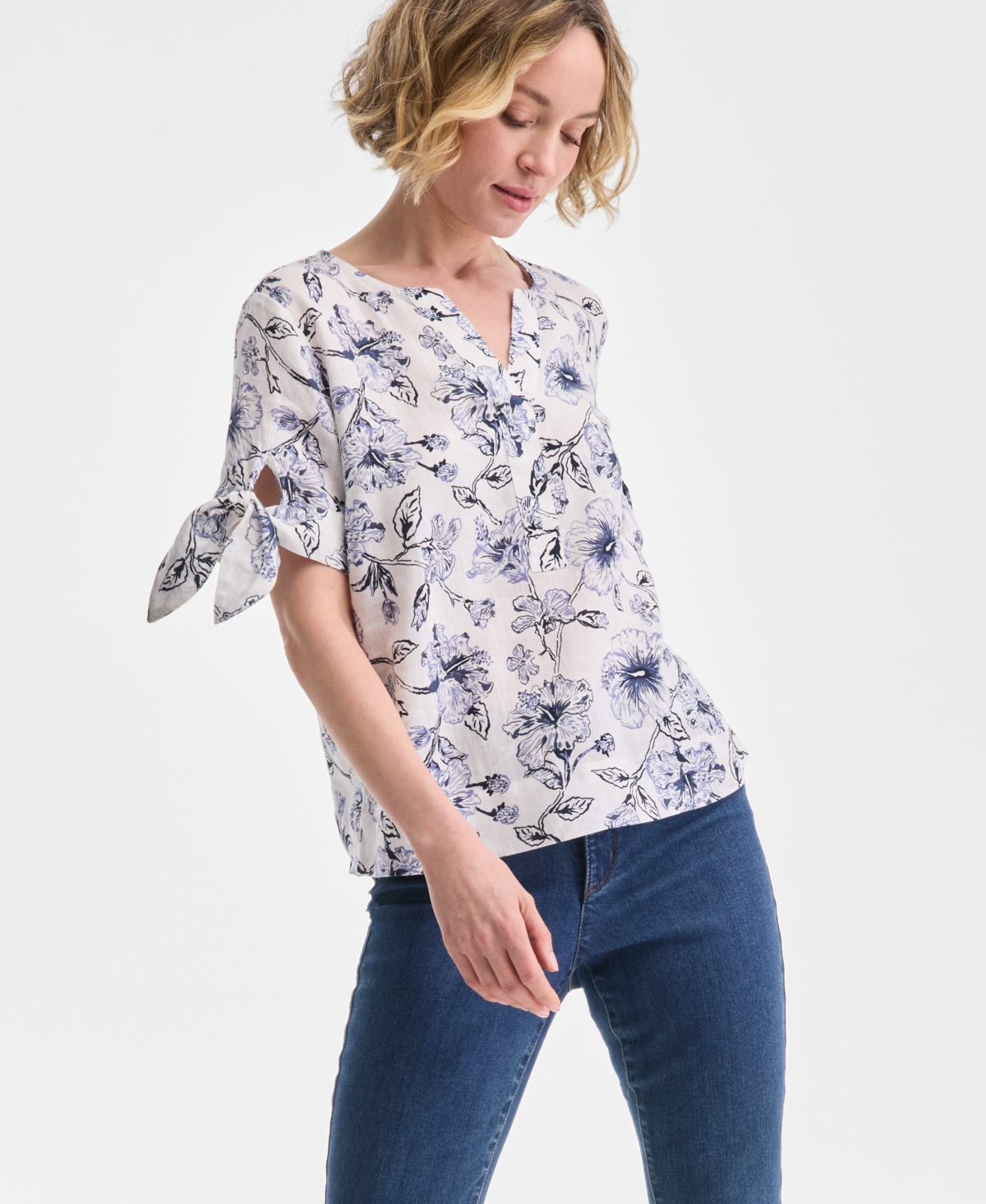 CHARTER CLUB WOMEN'S HIBISCUS GARDEN 100% LINEN TIE-SLEEVE TOP, EXCLUSIVELY AT MACY'S 