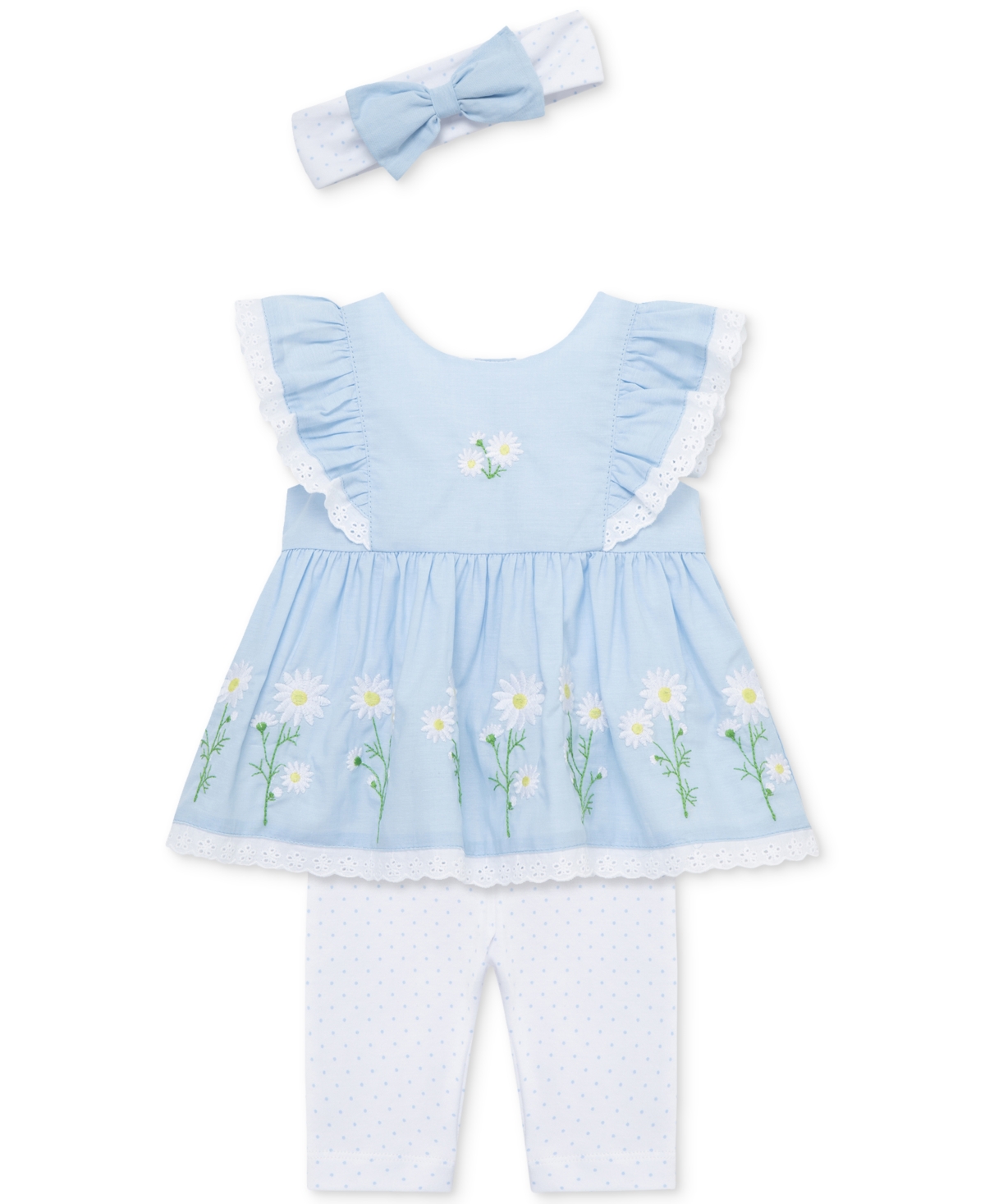 Little Me Baby Girls 3-pc. Chambray Daisy Tunic, Leggings & Headband Set In Light Blue