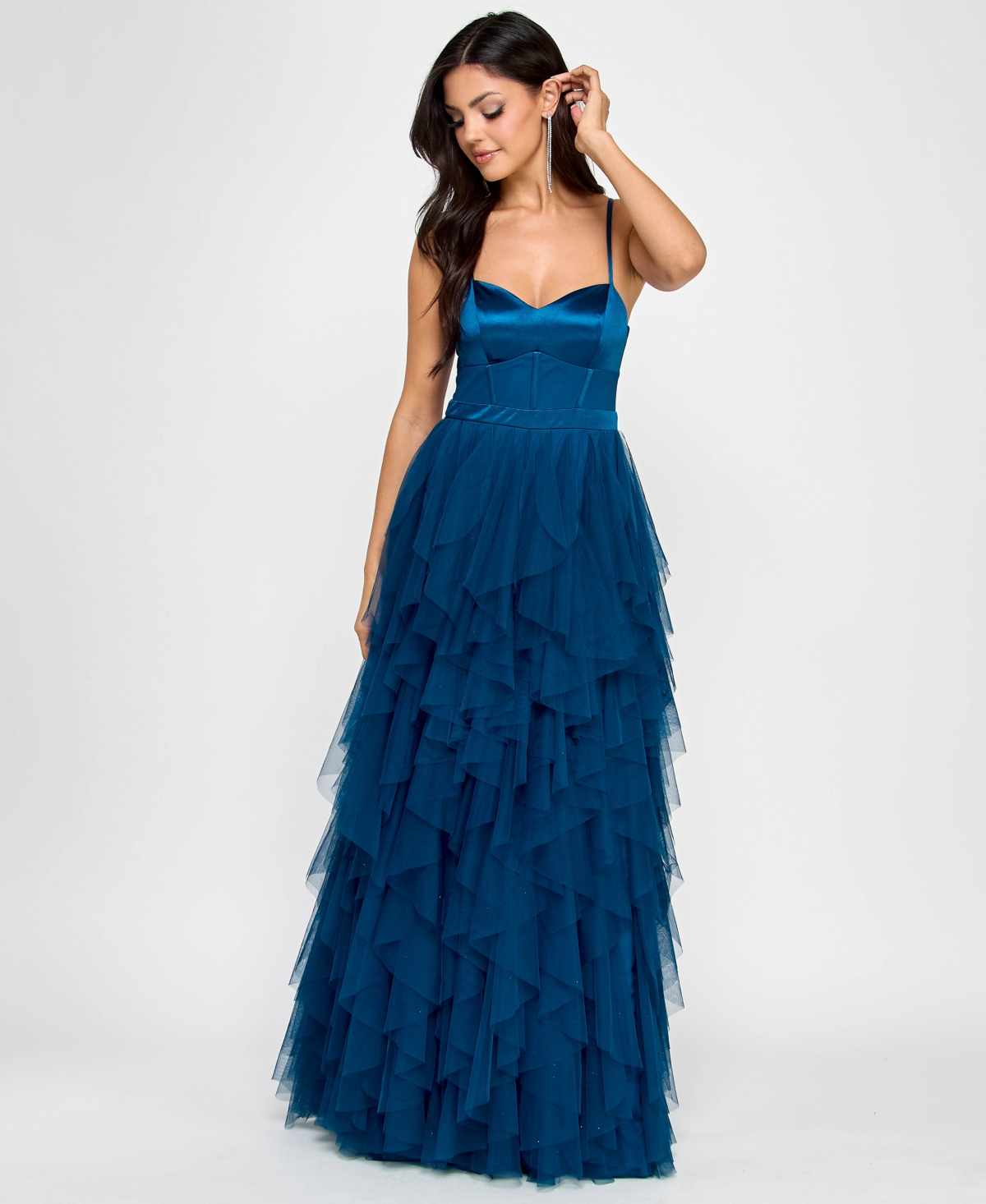 CITY STUDIOS JUNIORS' SWEETHEART-NECK RUFFLED CASCADE GOWN 