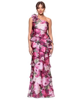 【関税込み】Semper Dresses XSCAPE Women's Floral-Print Tiered One-Shoulder Gown - Macy's