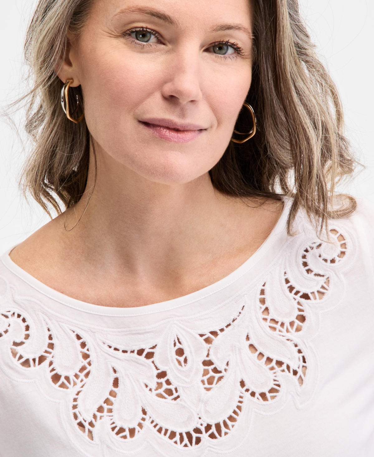 Style & Co Petite Crochet-trimmed Short-sleeve Knit Top, Exclusively At Macy's In Bright White