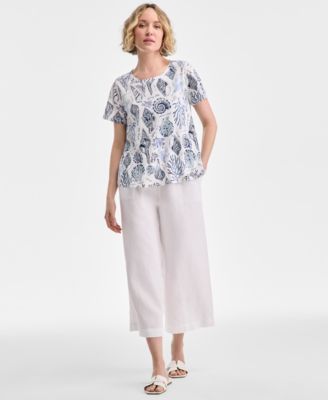 Charter Club Women's Printed Crewneck Short-Sleeve Linen-Blend Top, Exclusively at Macy's