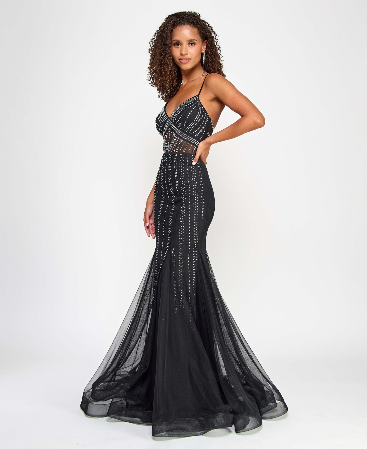 CITY STUDIOS JUNIORS' STUDDED MESH-WAIST EVENING GOWN 