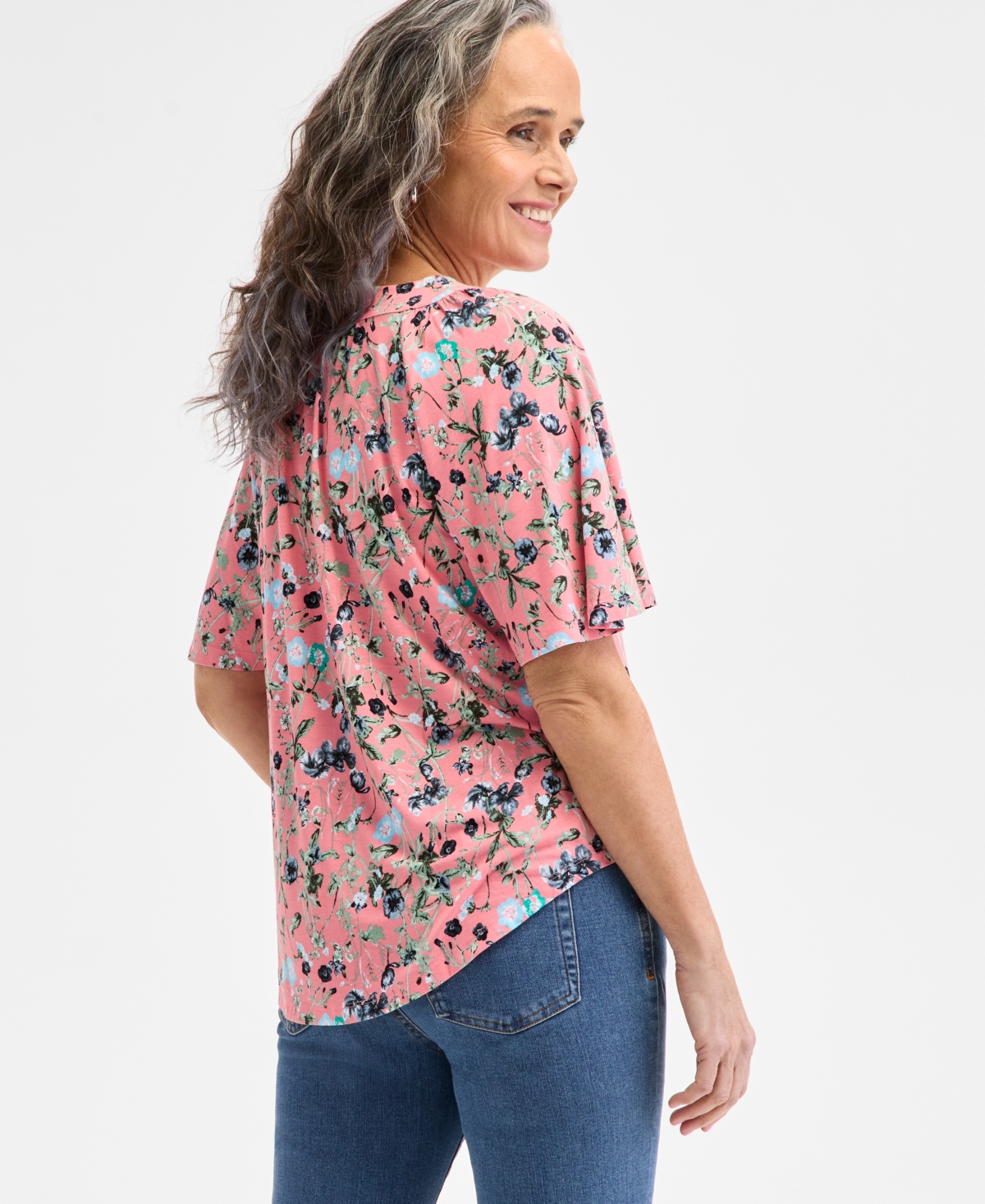 Style & Co Women's Printed Flutter-sleeve Split-neck Top, Created For Macy's In Garden Rose