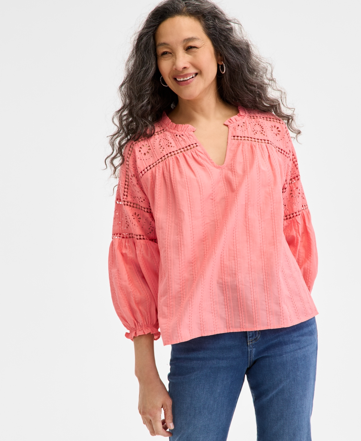 Women's Cotton Embroidered 3/4-Sleeve Top, Exclusively at Macy's - Embellished Salmon