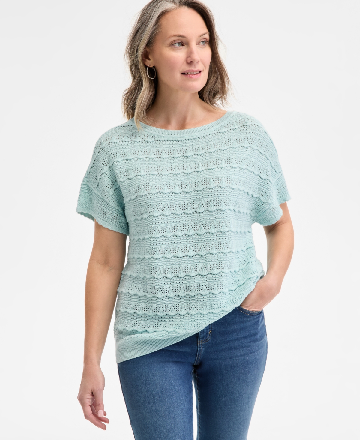 Style & Co Women's Metallic Pointelle Dolman-sleeve Sweater, Exclusively At Macy's In Lurex Aqua