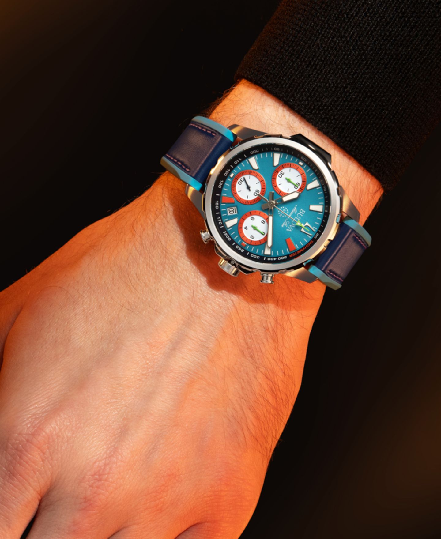 Мужские часы Bulova Marine Star E1 Team Miami Chronograph Blue Leather and Silicone Strap Watch 43mm — фото 4