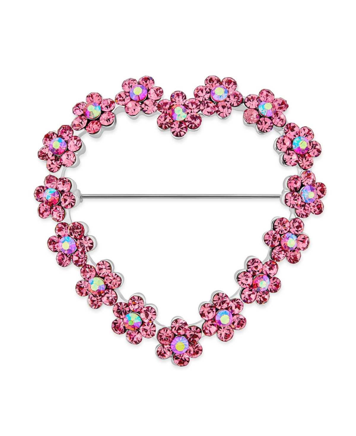 Romantic Pink Crystal Heart Flower Brooch Pin Rhodium Plated Alloy - Pink