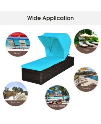 2PCS Patio Rattan Lounge Chair Chaise Cushioned Top Canopy Adjustable
