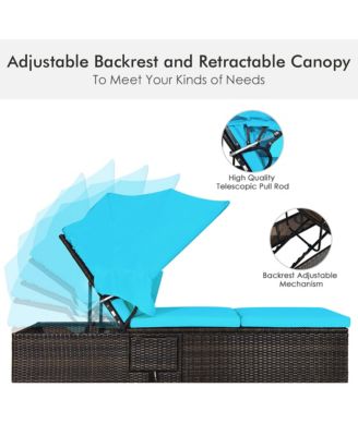 2PCS Patio Rattan Lounge Chair Chaise Cushioned Top Canopy Adjustable