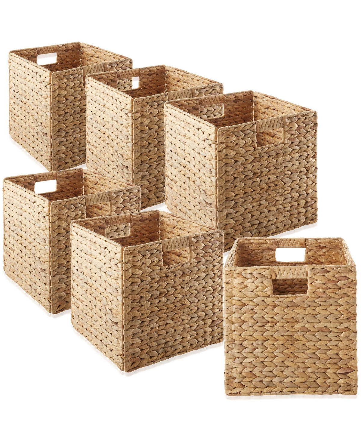 13&#x22; x 13&#x22; Water Hyacinth Storage Baskets, Natural - Set of 6 Collapsible Cube Organizers, Woven Bins for Bathroom, Bedroom, Laundr