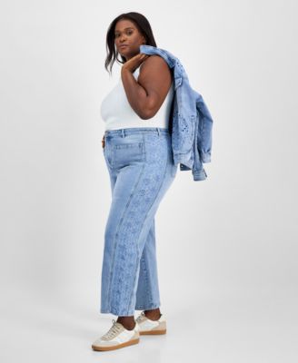 Trendy Plus High-Rise Wide-Leg Cutwork Jeans, Exclusively at Macy's
