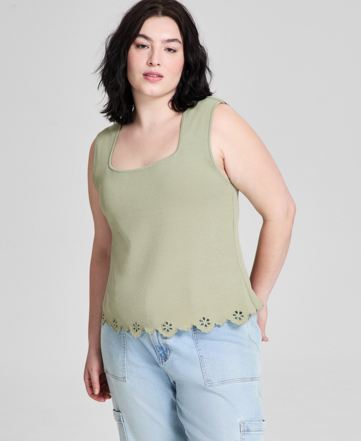 Trendy Plus Size Scalloped-Hem Tank Top, Exclusively at Macy's - Herbal Sage