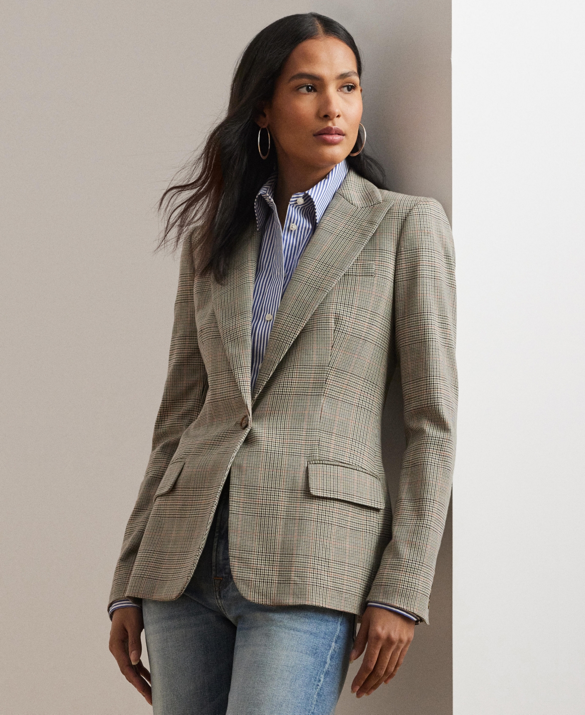 Shop Ralph Lauren Women's Glen Plaid Cotton-blend Twill Blazer In Navy,tan Multi