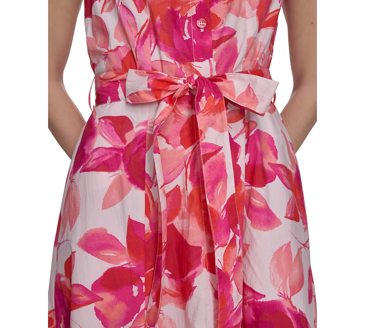 Shop Calvin Klein Women's Printed Cotton Tie-waist Shirtdress In Hibiscus Multi