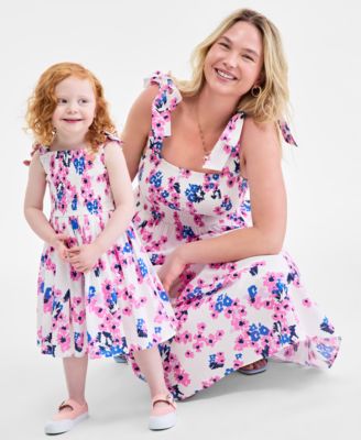 On 34th Little & Big Girls Mommy & Me Woven Cotton Sketched Bouquet-print Tie-strap Smocked Dress, Exclusive In Washed White