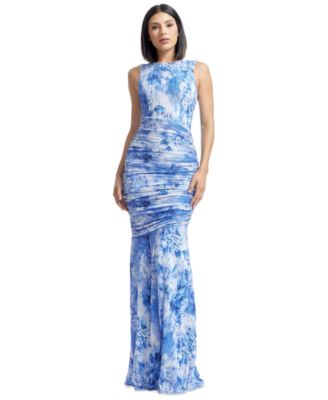 Dress the Population - Women's Violetta Floral-Print Pleated Ruched Gown