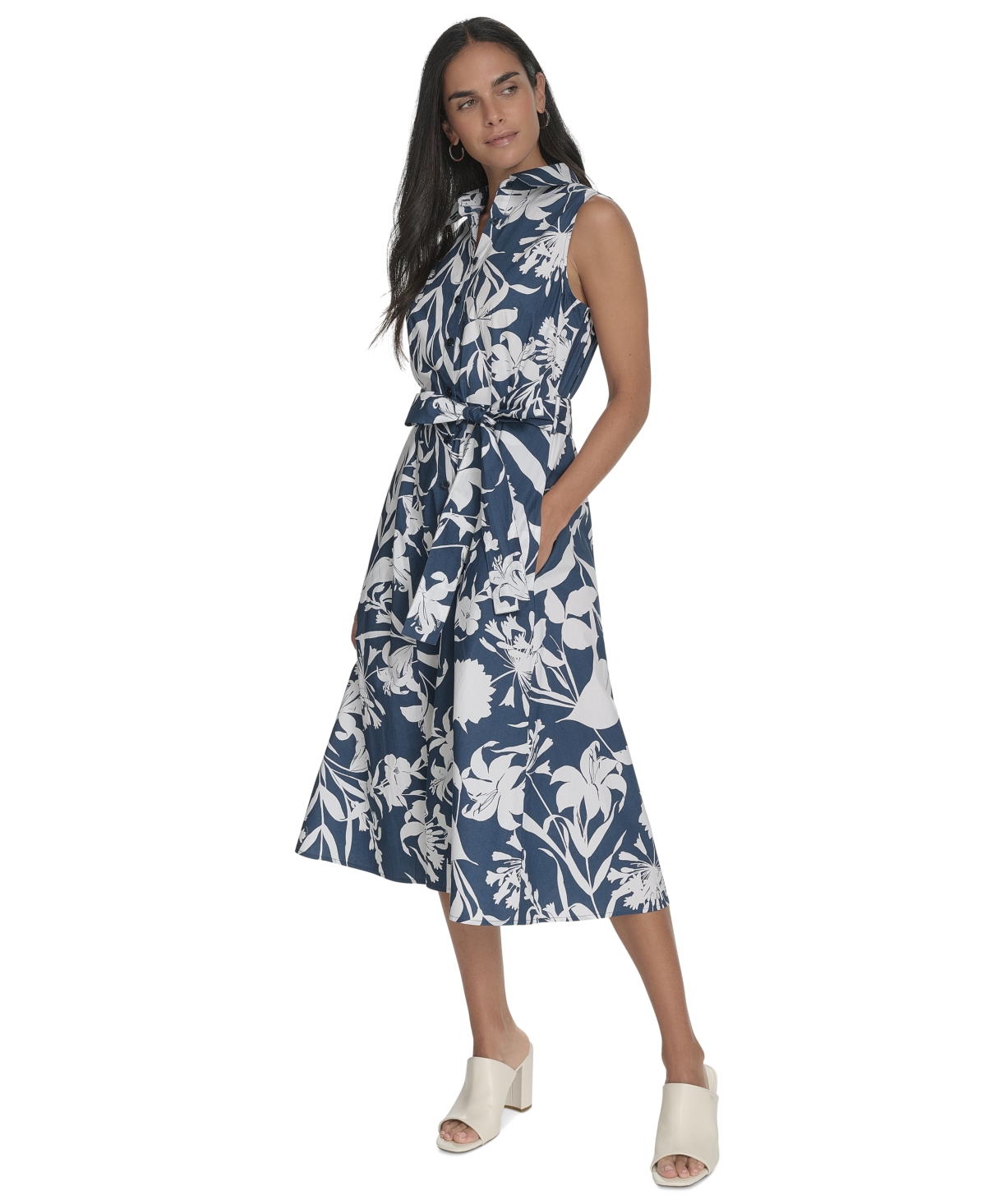 Calvin Klein Floral Sleeveless Cotton Shirtdress In Indigo Multi