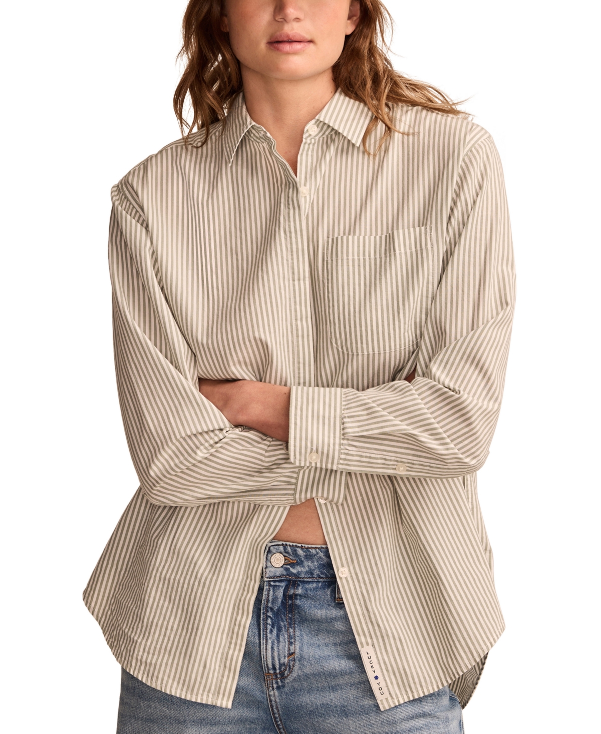 Shop Lucky Brand Women's Cotton Poplin Oversized Button-back Shirt In Green Stripe