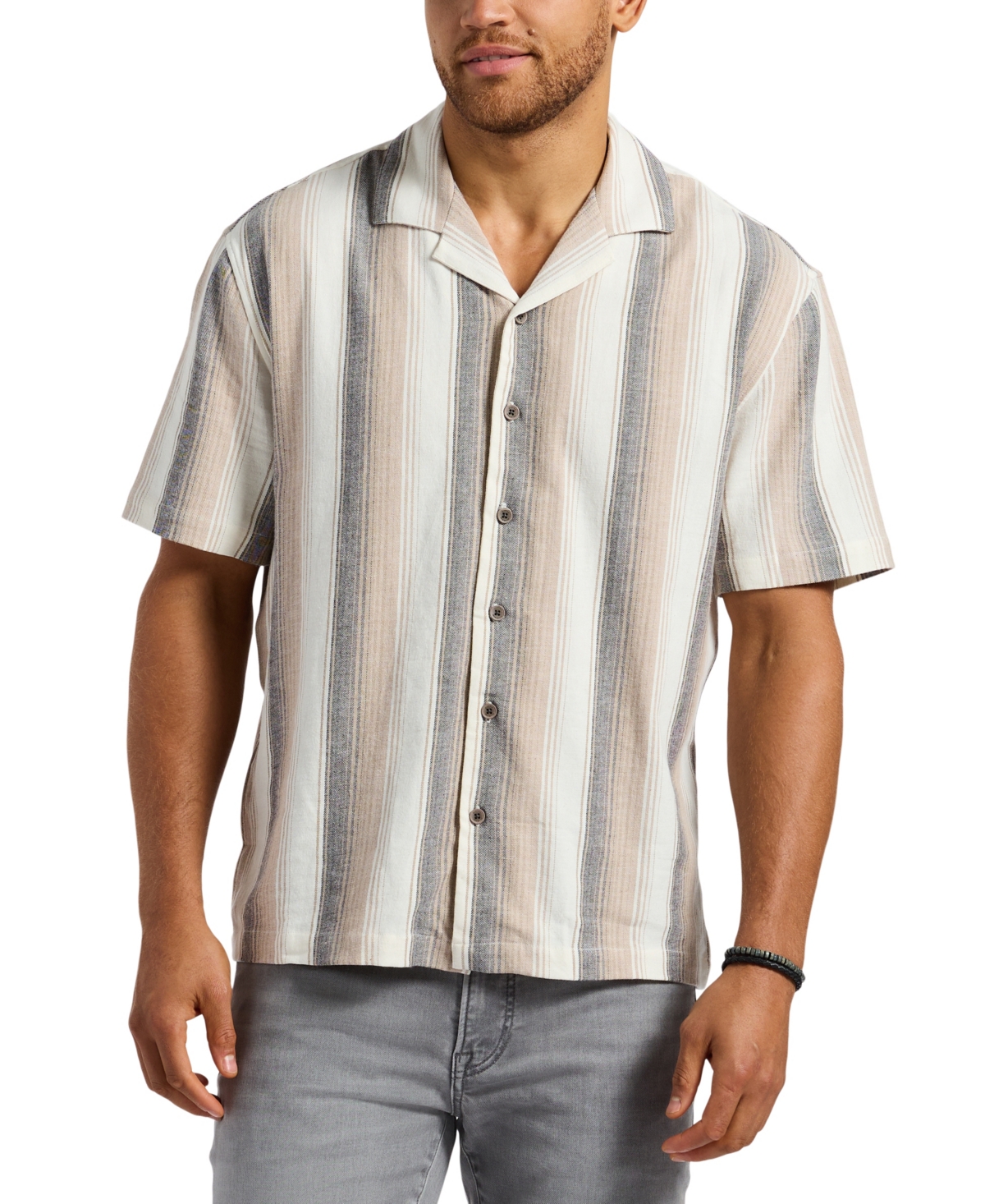 Men's Short Sleeve Striped Button Up Camp Shirt - Woodsmoke