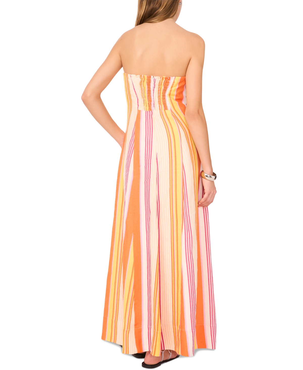 1.state Stripe Strapless Linen Blend Maxi Dress In Peach Cream