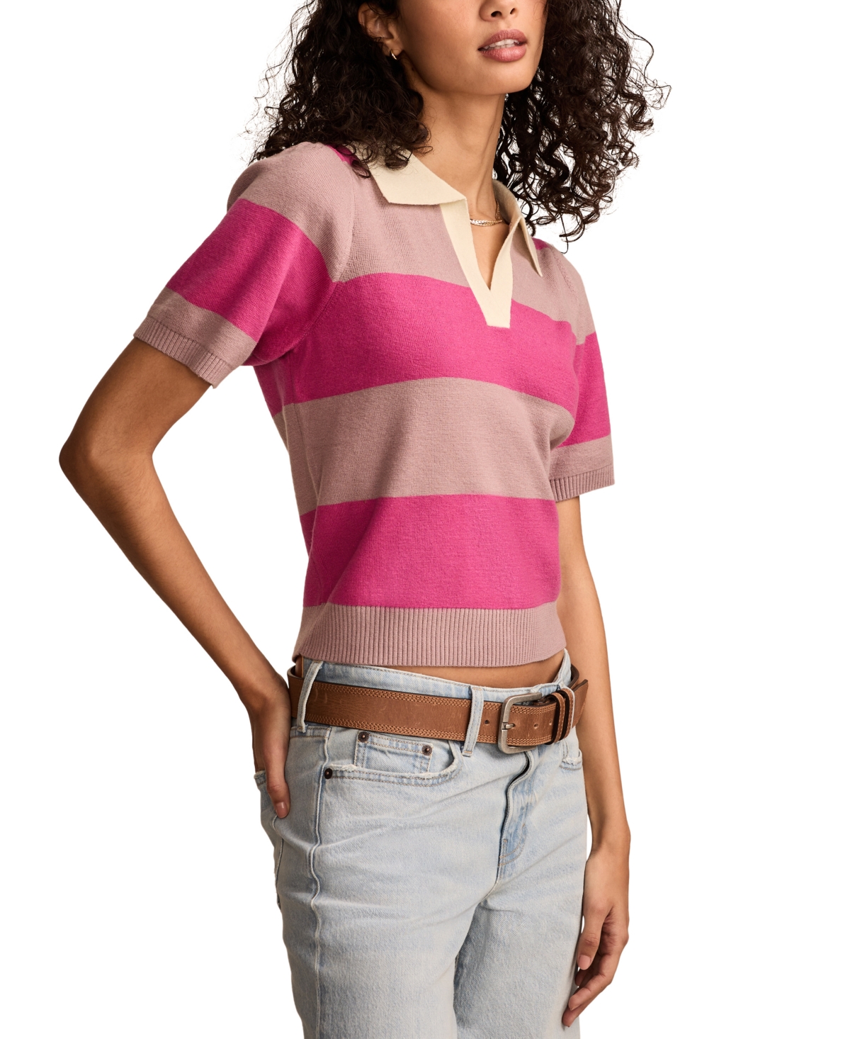 Shop Lucky Brand Women's Striped Short-sleeve Ribbed-hem Polo Top In Woodrose