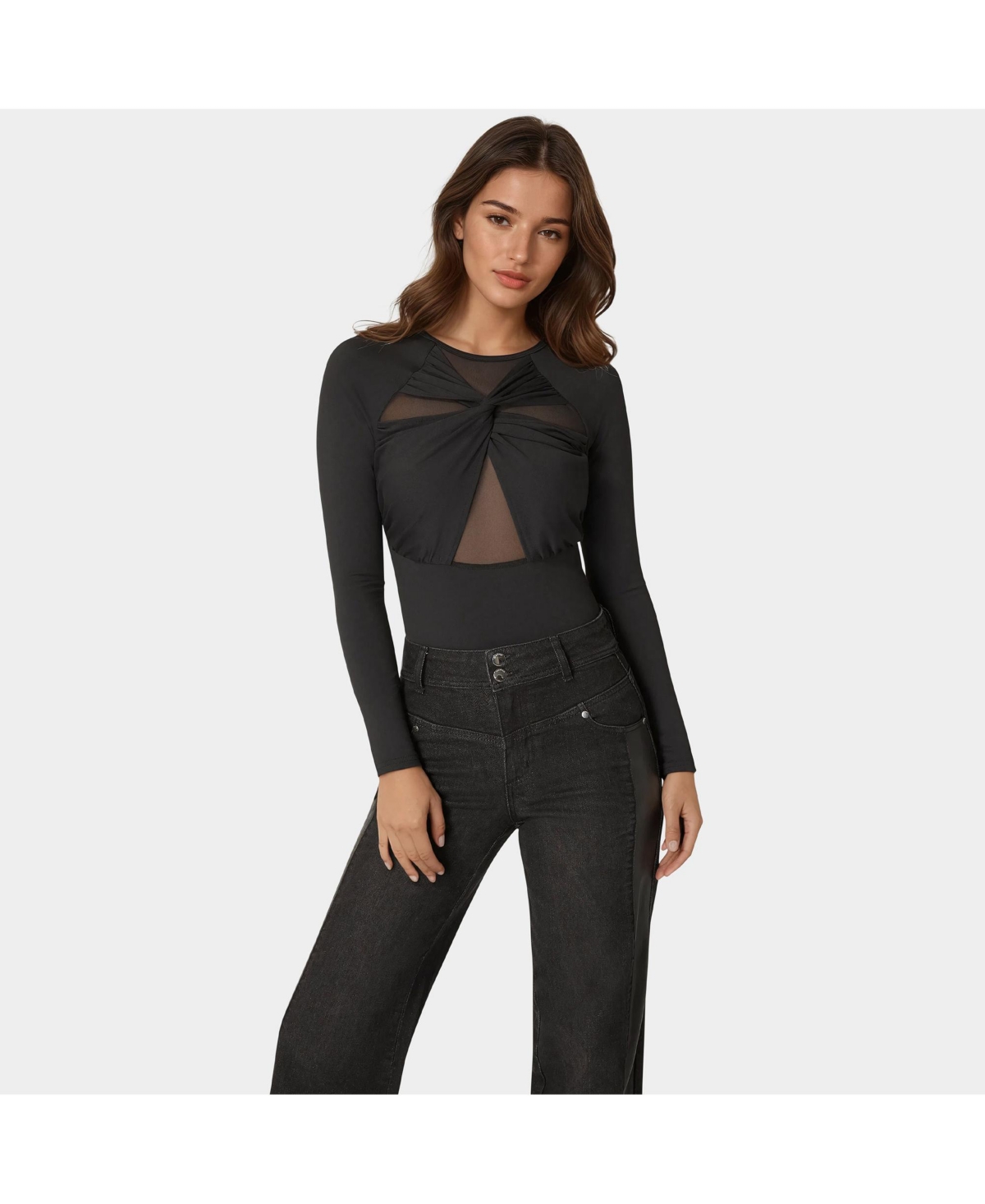 Women's Mesh Combo Front Twist Knit Bodysuit - Black