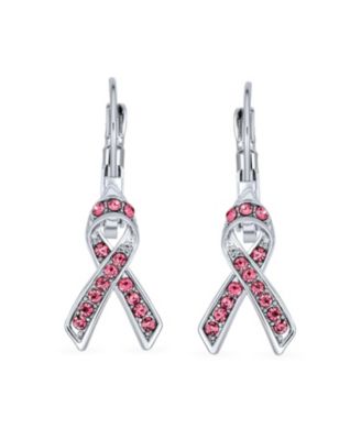 Crystal Pink Breast Cancer Awareness Support Earrings Silver Plated