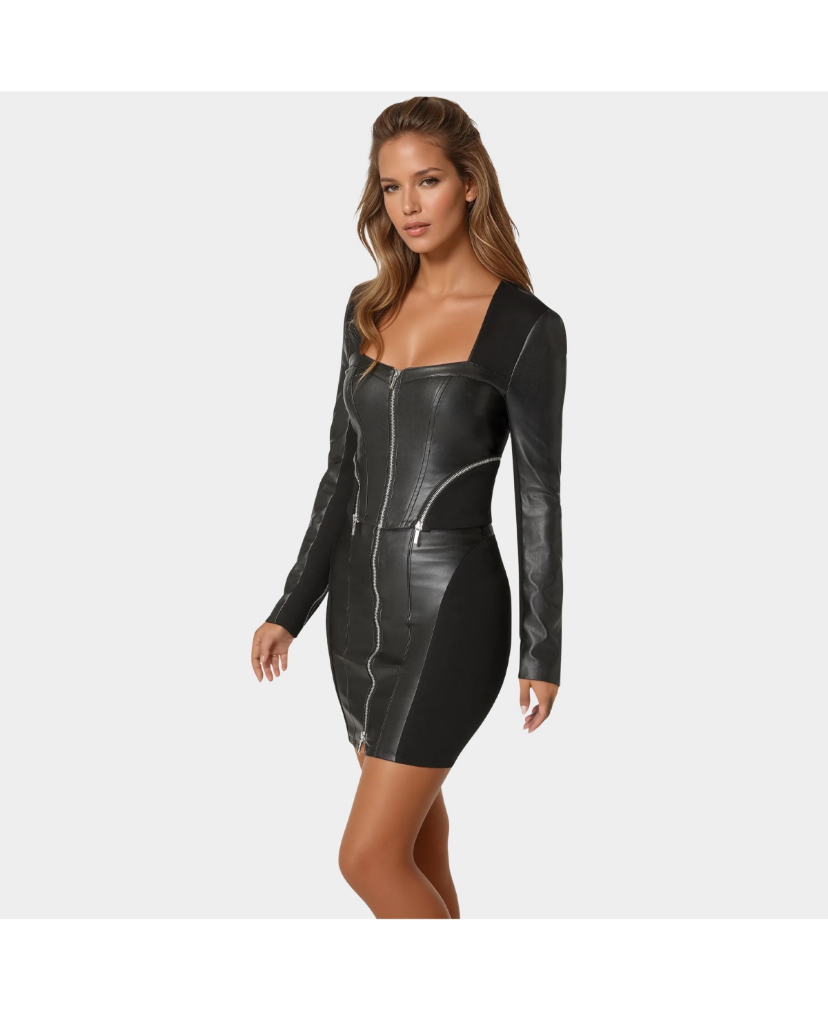 Women's Zip Front Faux Leather Pdr Combo Top - Black