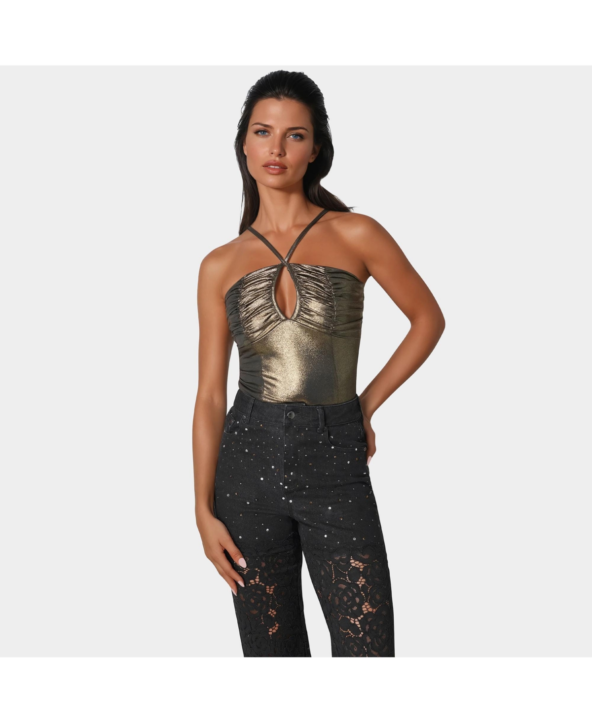 Women's Foil Knit Ruched Top - Bronze