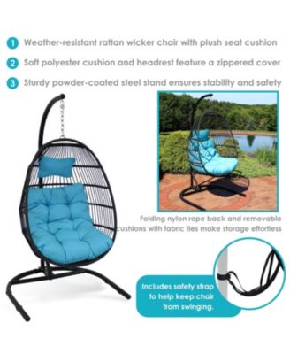 Outdoor Resin Wicker Patio Julia Hanging Basket Egg Chair Swing with Cushions, Headrest, and Steel Stand Set - 3pc