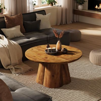 Solid Wood Coffee Table, 31.5-Inch Farmhouse Round Center Tea Table with Robust Base