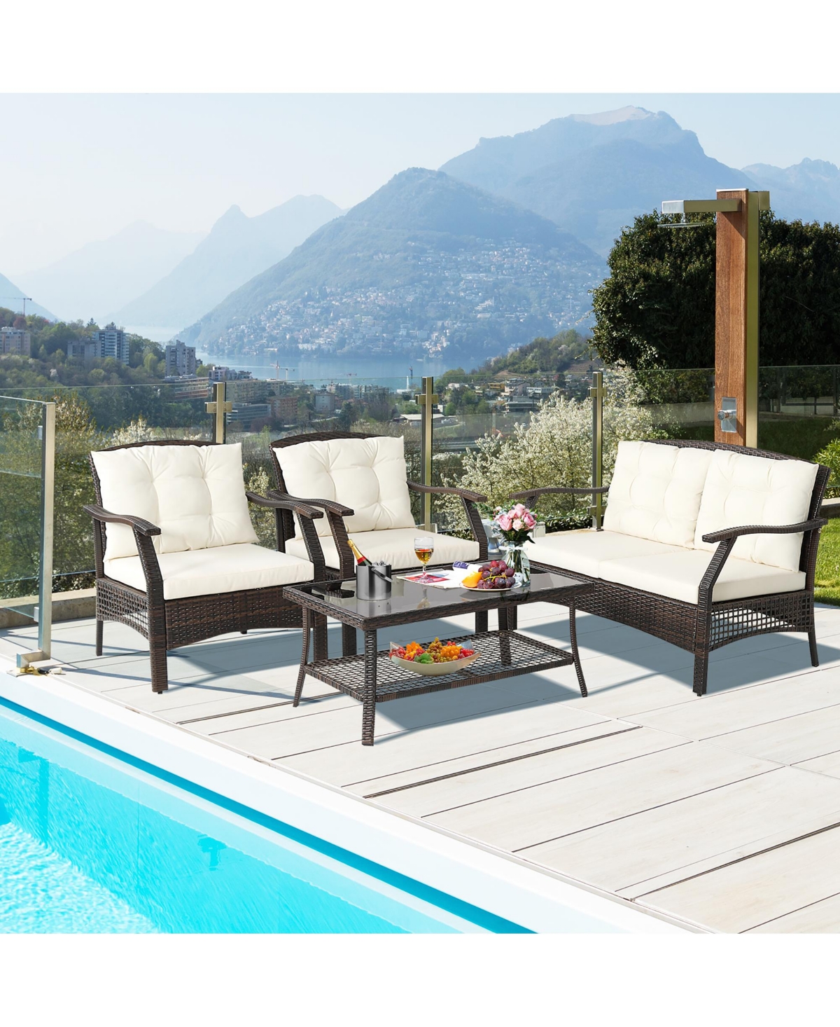 8 Pcs Outdoor Rattan Conversation Set Patio Rattan Sofa Set W/ Protective Cover