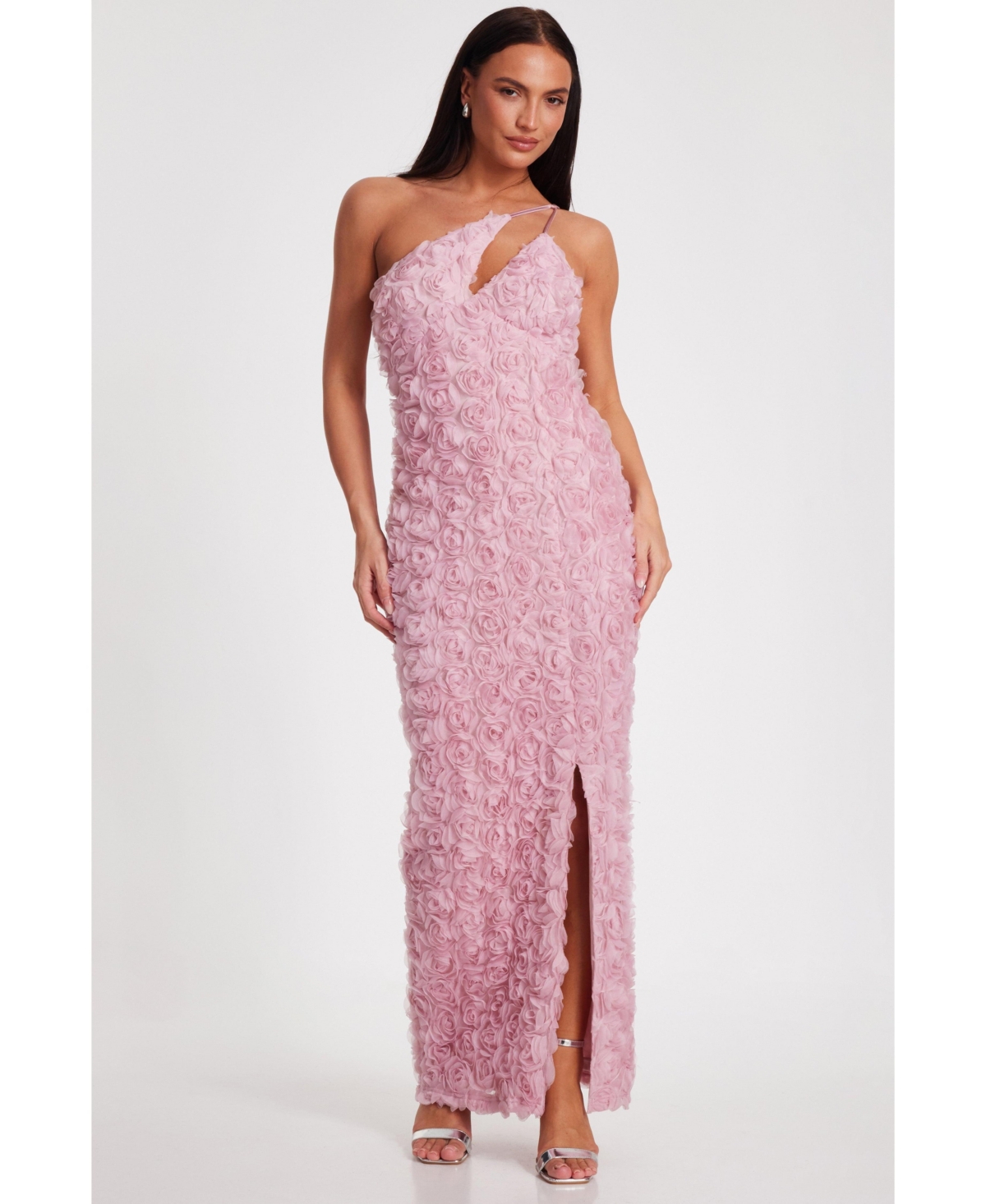 Women's One Shoulder Cut Out 3D Floral Maxi Dress - Blush
