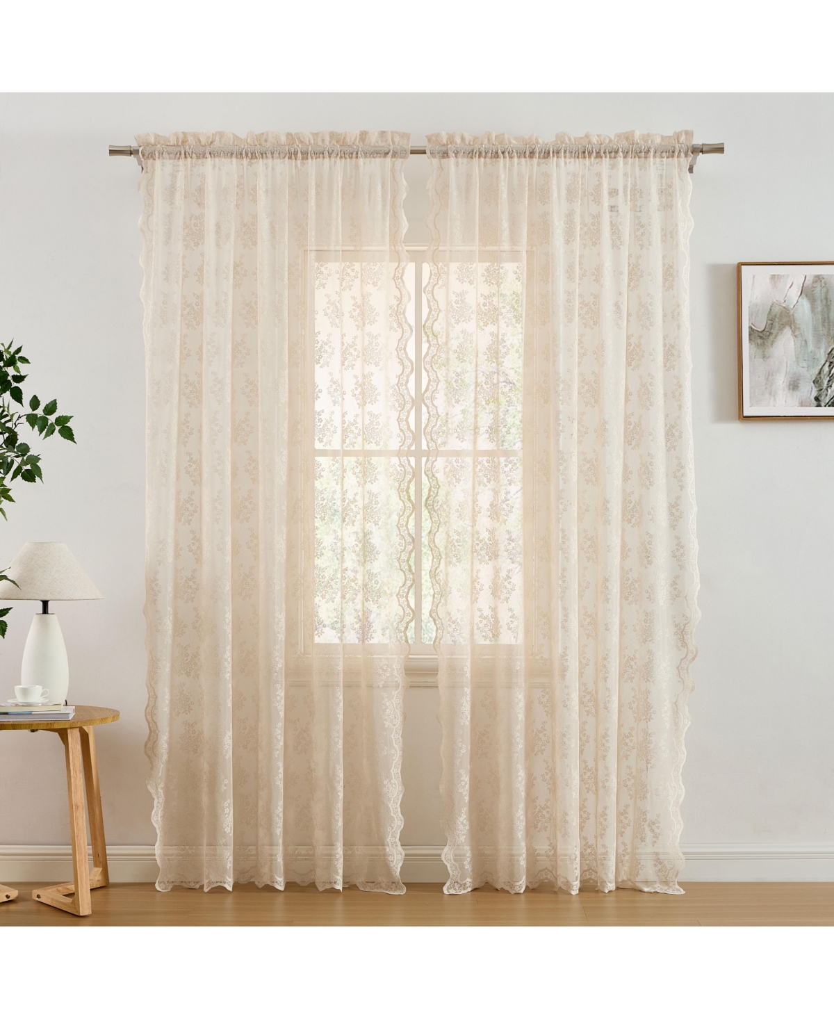Jolene Floral Soft Decorative Lace Semi Sheer Light Filtering Rod Pocket Window Treatment Curtain Drapery Panels - Set of 2 - Linen taupe