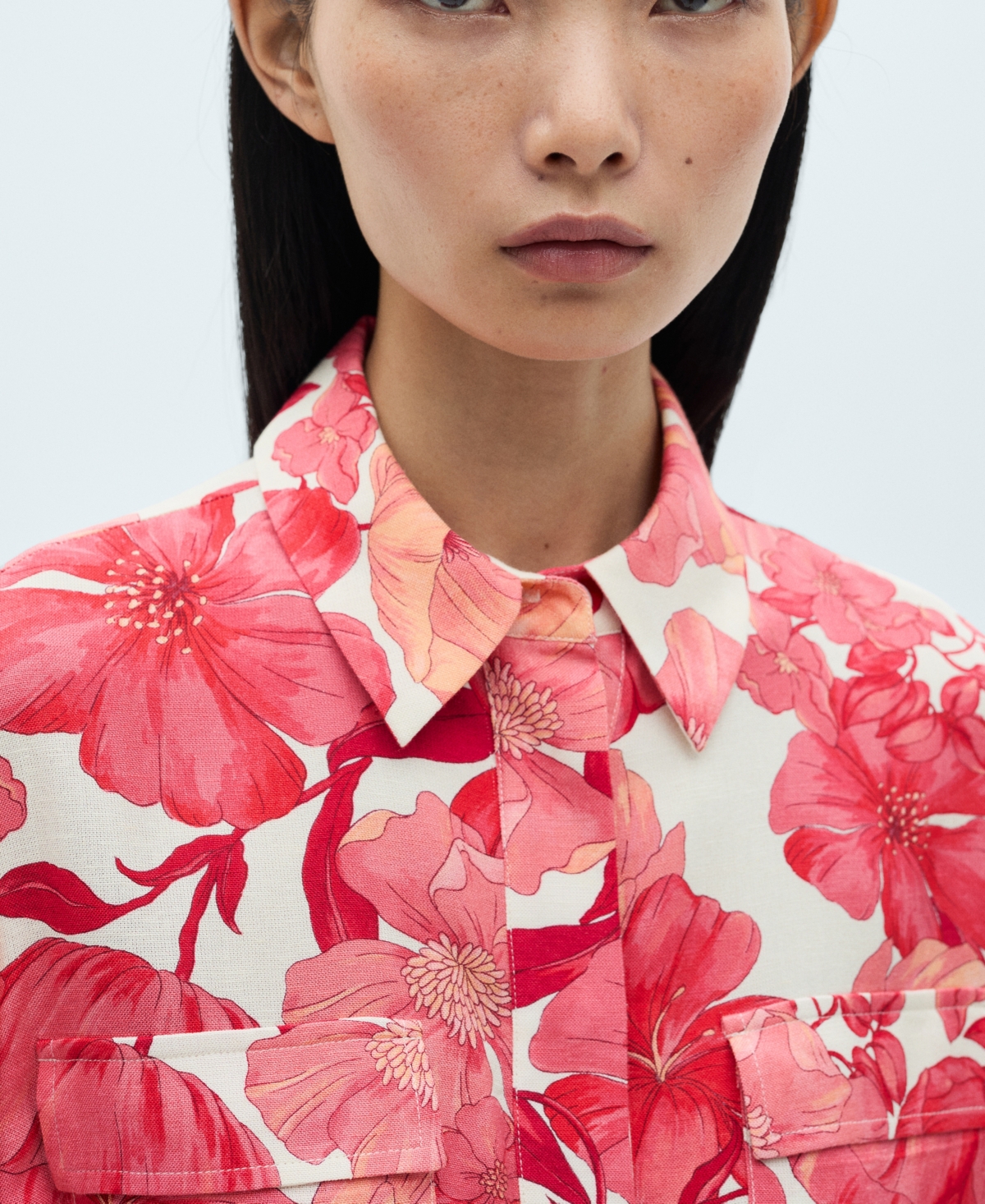 Mango Women's Floral Print Pocket Shirt In Red