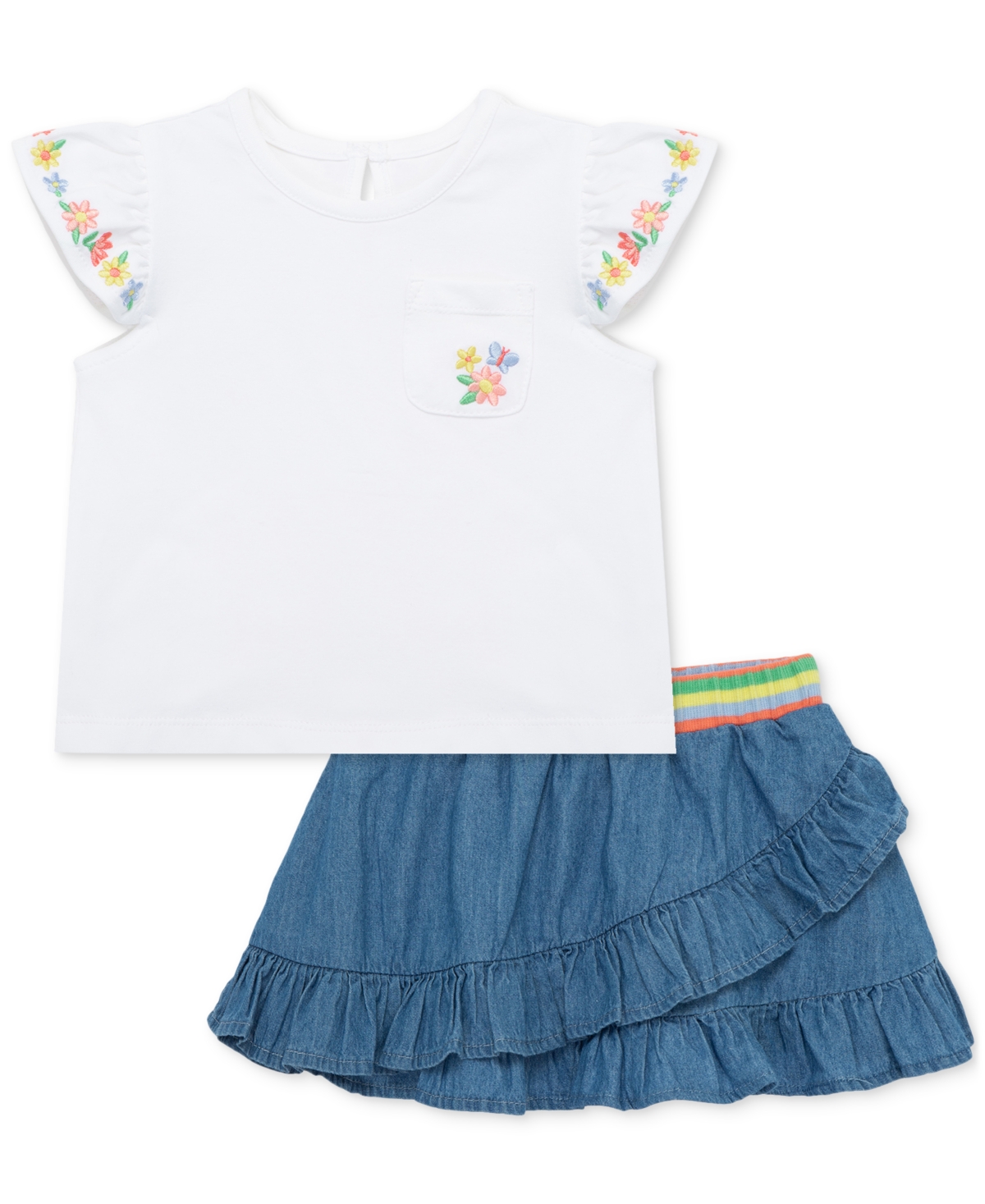 Little Me Baby Girls Embroidered Top & Chambray Skort Set In White,blue
