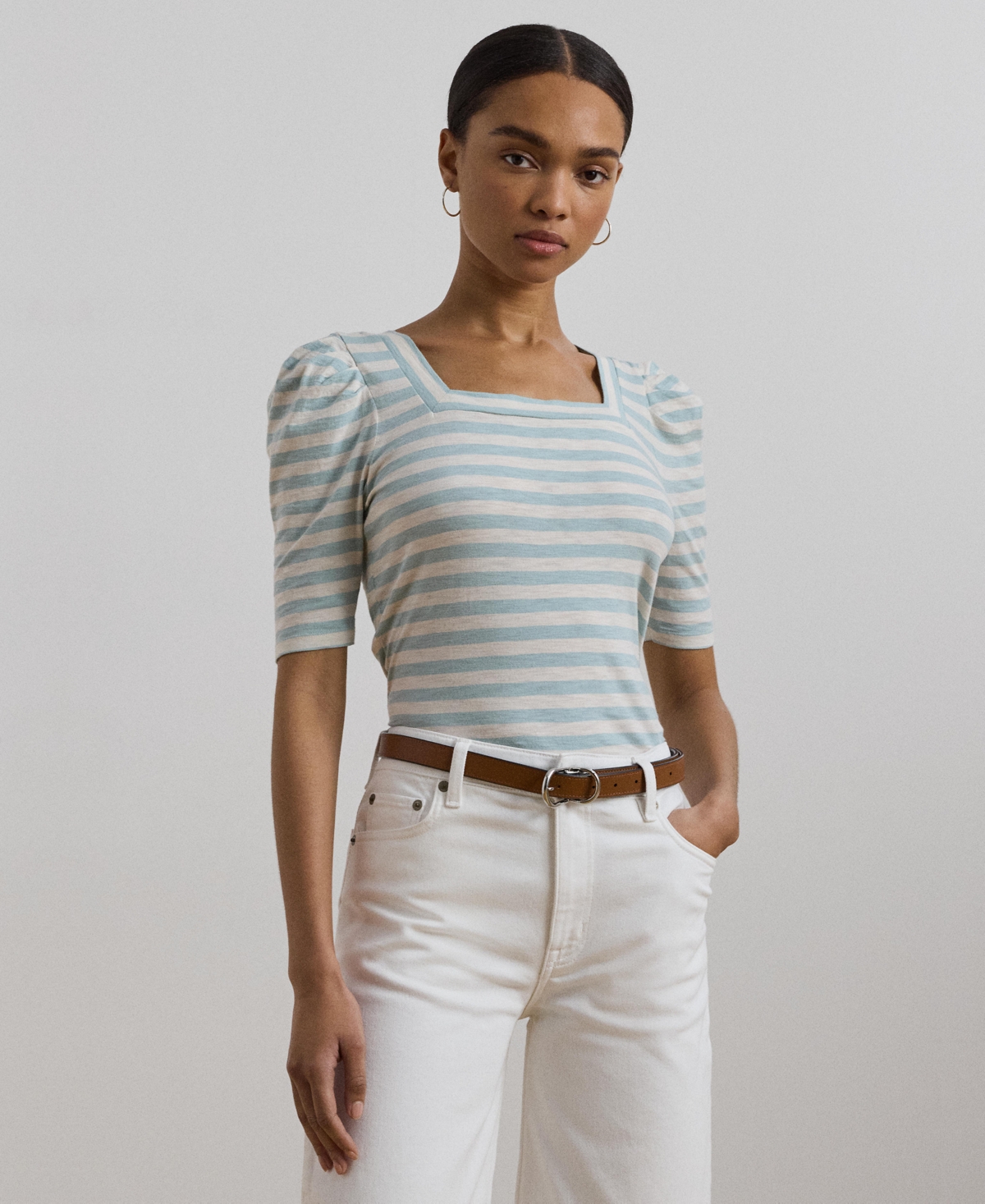 RALPH LAUREN WOMEN'S STRIPED COTTON JERSEY PUFF-SLEEVE TEE 