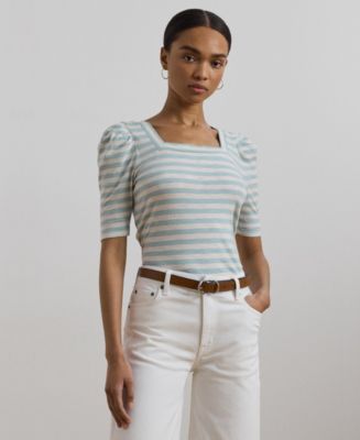 ラルフ・ローレン Lauren Ralph Lauren Striped Cotton Jersey Puff-Sleeve Tee レディース シャ Lauren Ralph Lauren Women's Striped Cotton Jersey Puff