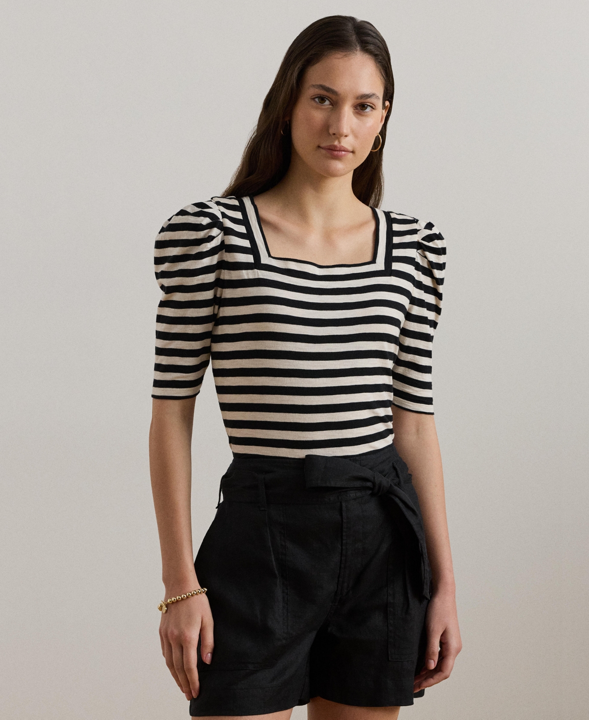 Women's Striped Cotton Jersey Puff-Sleeve Tee - Black/Mascarpone Cream
