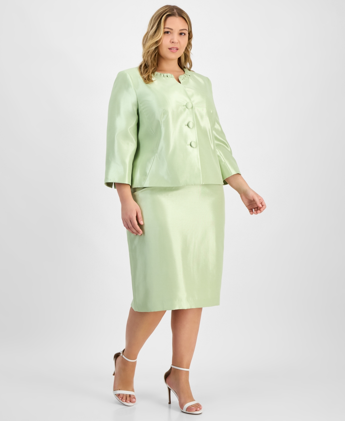Plus Size Collarless Three-Button 3/4-Sleeve Jacket & Slim Skimmer Skirt - Celery