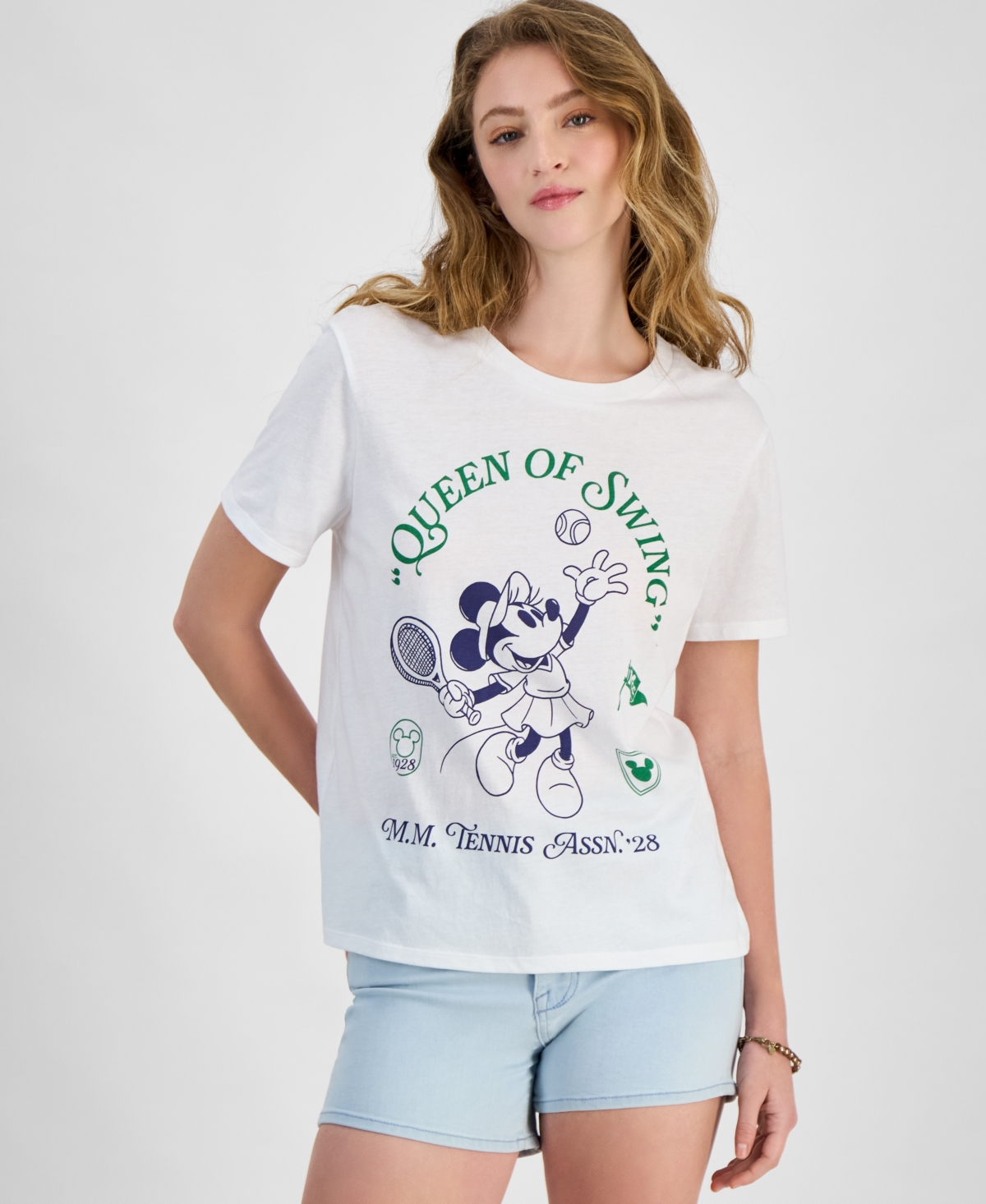 Juniors' Minnie Tennis Graphic Crewneck T-Shirt - White