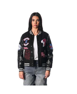 The Wild Collective - Women's Black Philadelphia Phillies Full-Snap Varsity Jacket