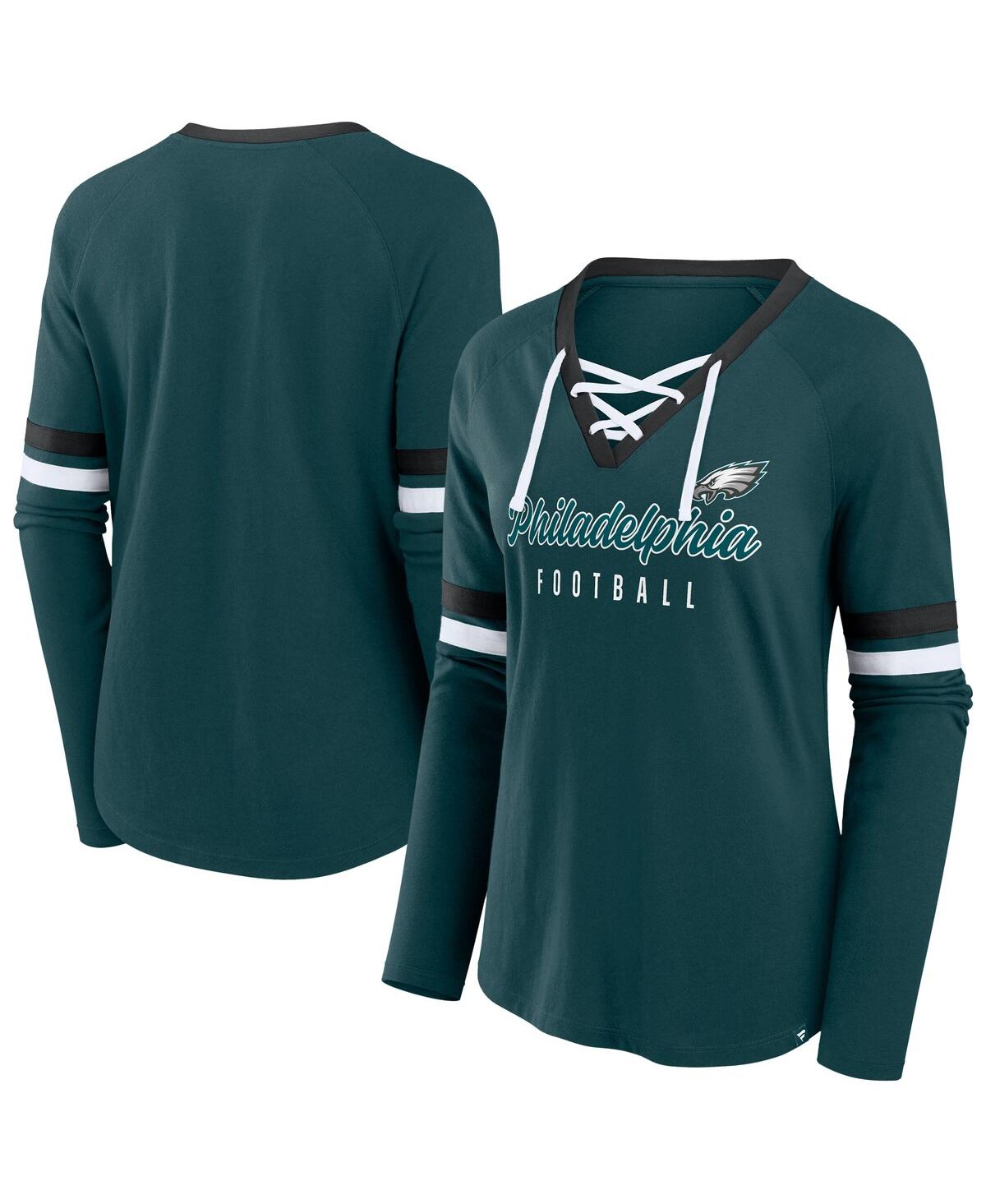 FANATICS WOMEN'S GREEN PHILADELPHIA EAGLES PLUS SIZE WON DONE LACE-UP V-NECK LONG SLEEVE T-SHIRT 
