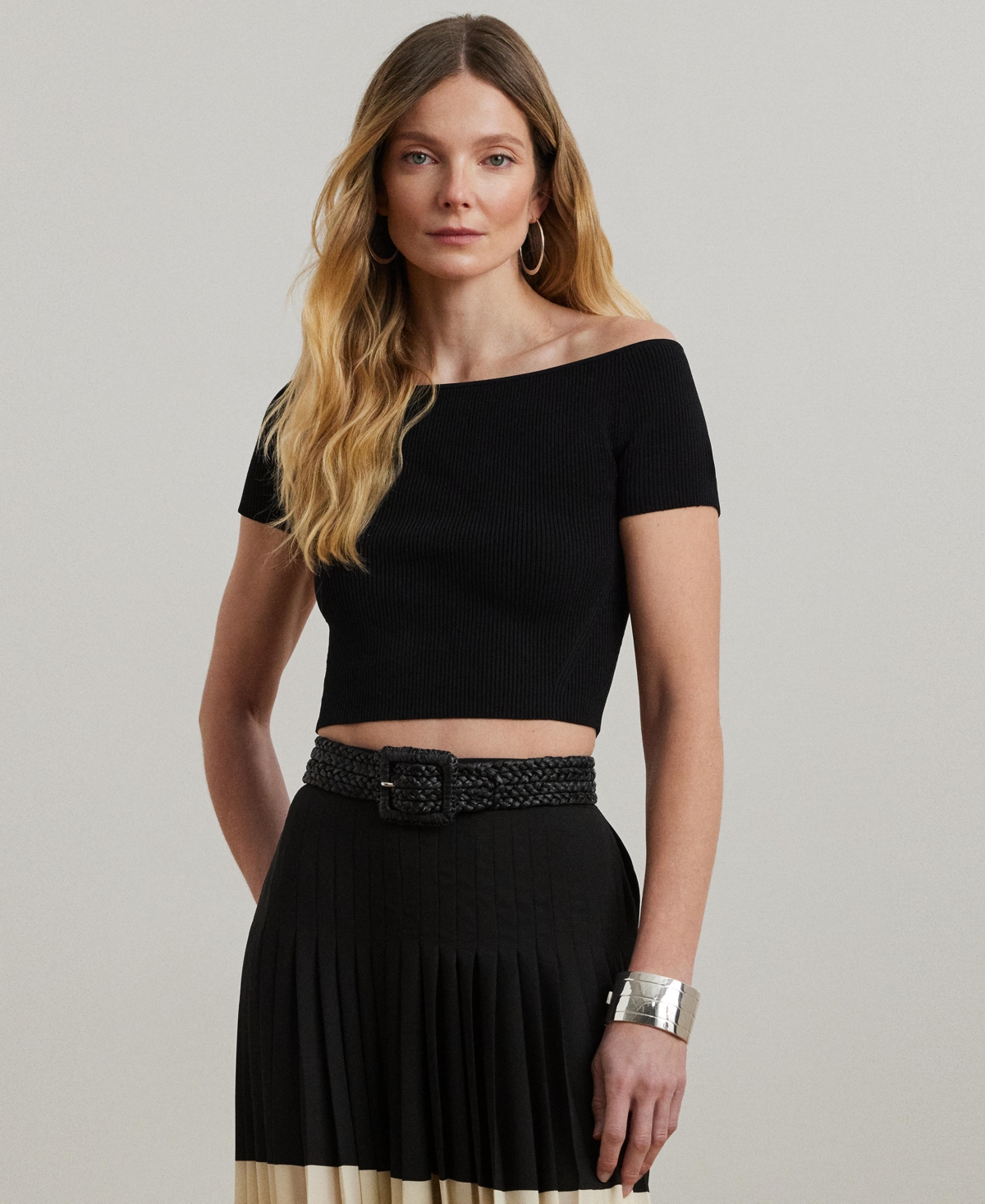 Ralph Lauren Women's Off-the-shoulder Cropped Sweater In Black