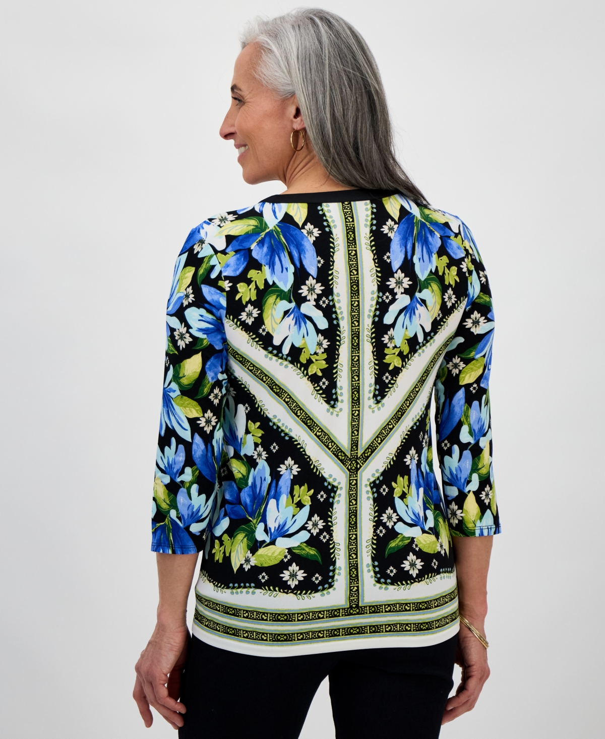 Macy's Jm Collection Petite Printed Lace-up 3/4-sleeve Top, Exclusively At  In Deep Black
